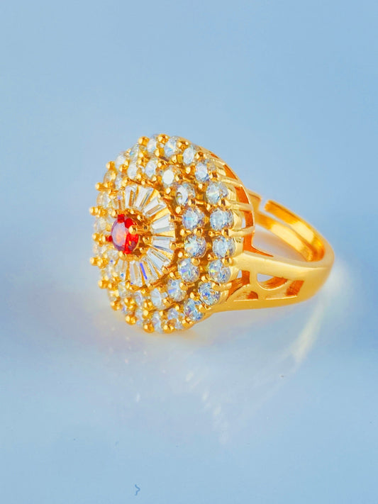 Round  Zircon With Color Stone Golden Ring  Adjustable Size For Luxury Look And Gifts.