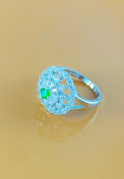 Round Flower Silver Zircon Stone Adjustable  Ring, Best Quality for Fashion and Gifts.