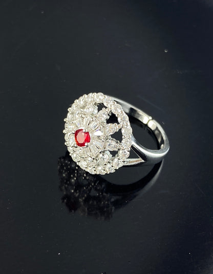 Round Flower Silver Zircon Stone Adjustable  Ring, Best Quality for Fashion and Gifts.