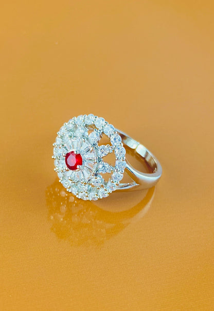 Round Flower Silver Zircon Stone Adjustable  Ring, Best Quality for Fashion and Gifts.