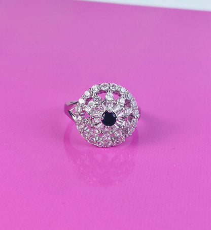 Round Flower Silver Zircon Stone Adjustable  Ring, Best Quality for Fashion and Gifts.