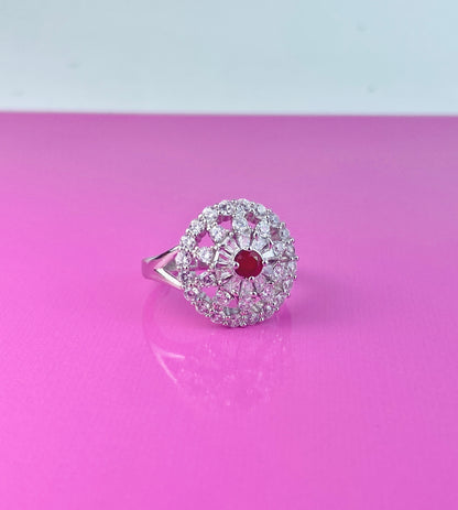 Round Flower Silver Zircon Stone Adjustable  Ring, Best Quality for Fashion and Gifts.